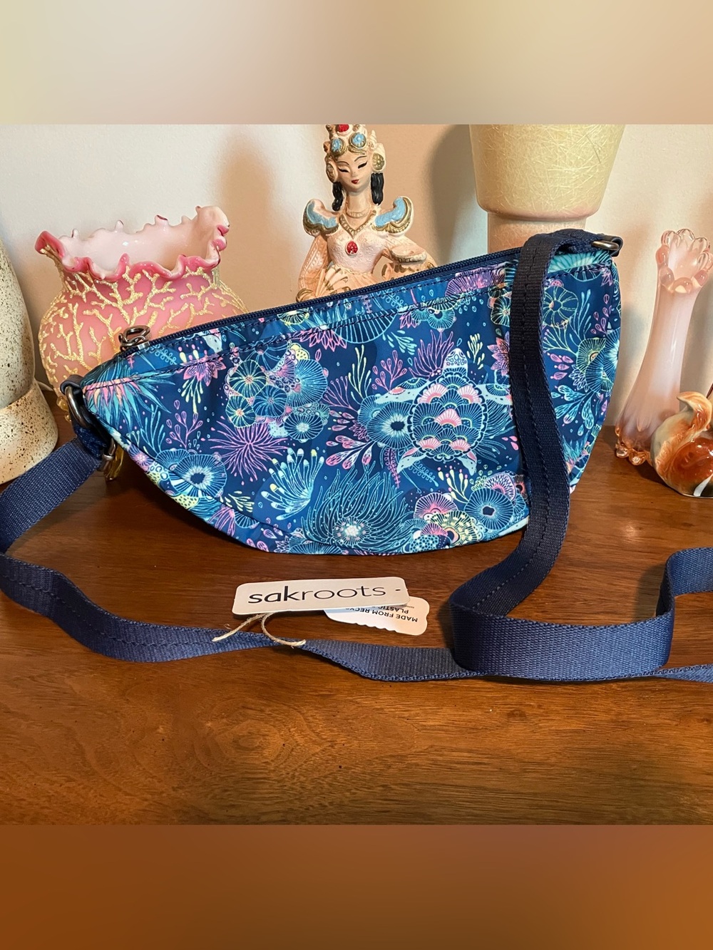 Sakroots Navy Tess Floral Turtle Crescent Crossbody with Multicolor Print